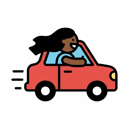 A girl is sitting behind the wheel of a red car, driving.