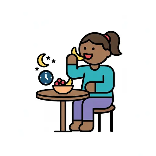 A smiling girl sits at a small table with a bowl of fruit and eats a banana, with a moon, stars and a clock in the background.