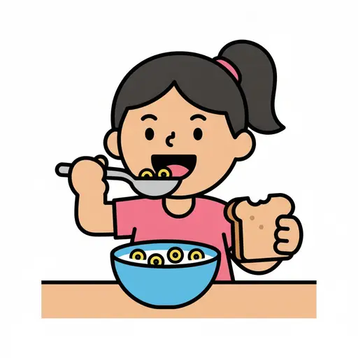 Een meisje eet een lepel ontbijtgranen terwijl ze een boterham vasthoudt, met een kom ontbijtgranen voor zich.