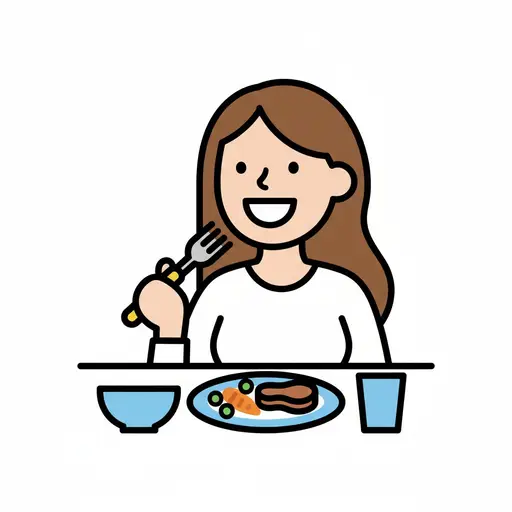 Een meisje zit aan tafel eten van een bord te eten met een vork.