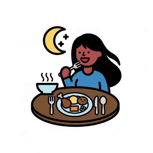 Een meisje met lang haar brengt een vork naar haar mond aan een ronde tafel gedekt met een bord eten en een dampende kom, met een maansikkel en sterren achter haar.
