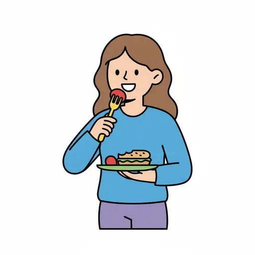 Ein Mädchen mit langen braunen Haaren hält einen Teller mit einem Sandwich und isst mit der Gabel eine Tomate.
