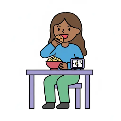 A girl sits at the table eating a cookie, with a bowl and a clock showing a moon.