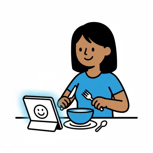 Een meisje eet met mes en vork uit een kom terwijl er op een tablet een blije smiley te zien is.