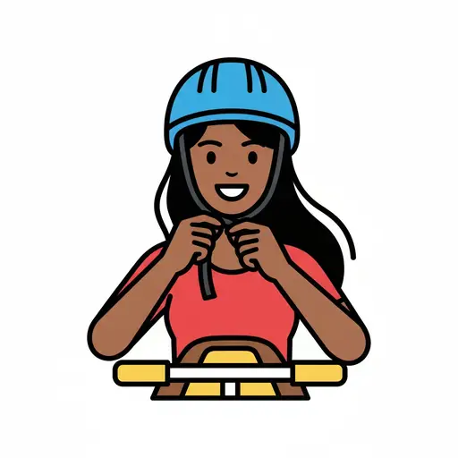 A girl in a blue helmet clips the chin strap with the saddle in front of her.