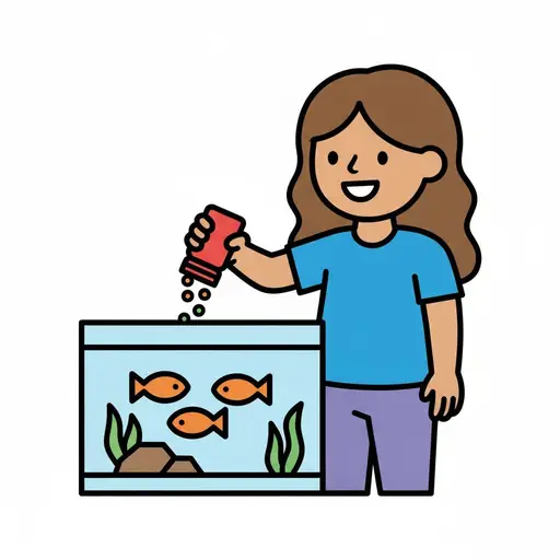 A girl sprinkles fish food into an aquarium with three orange fish.