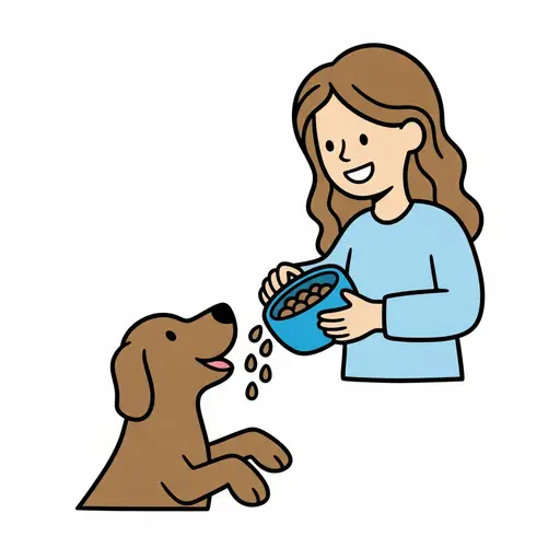 Een meisje in een blauwe trui giet voer uit een blauwe kom voor een bruine hond die voor haar zit.
