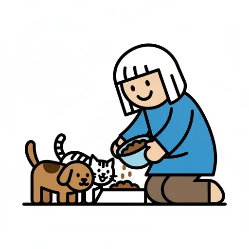En person kneler og heller mat fra en skål ned i en matskål på gulvet, foran en hund og en katt som ser på.
