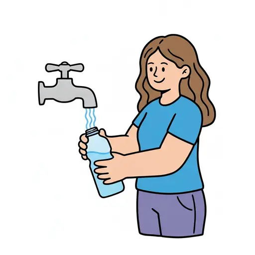 Een meisje vult een waterfles onder de kraan.