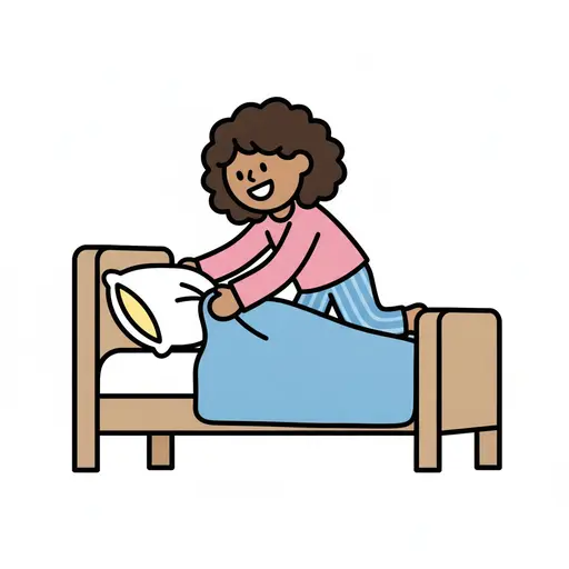 Een kind in pyjama klimt in bed en trekt bij het kussen de deken omhoog.