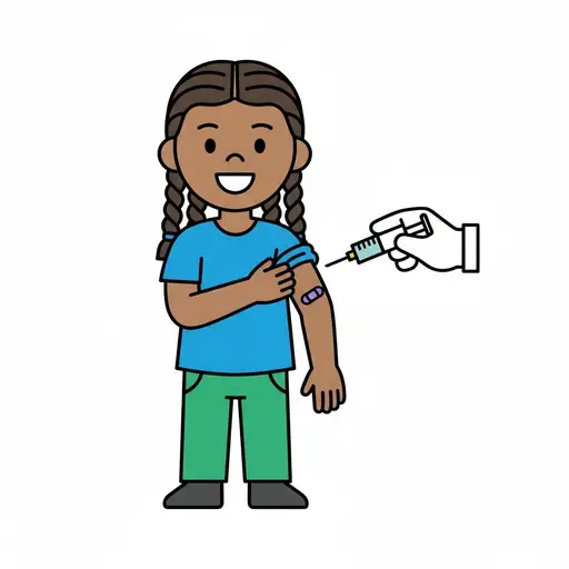 Een meisje met vlechten trekt haar mouw op terwijl een hand met een spuit naar haar bovenarm gaat, waar een pleister op zit.