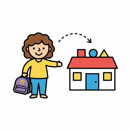 Een getekend meisje met een rugzak gaat naar een gebouw dat een kleuterschool voorstelt.