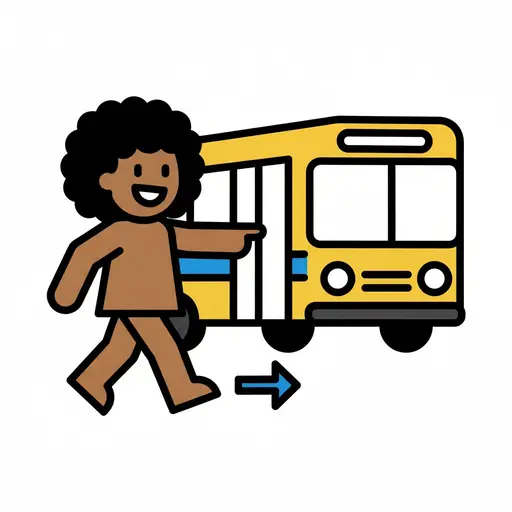 En leende person pekar på en gul buss, med en pil som indikerar rörelse mot bussen.