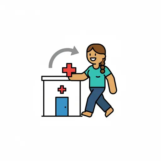 Een meisje loopt naar een gebouw met een rood kruis, als symbool voor een ziekenhuis, kliniek of dokter.