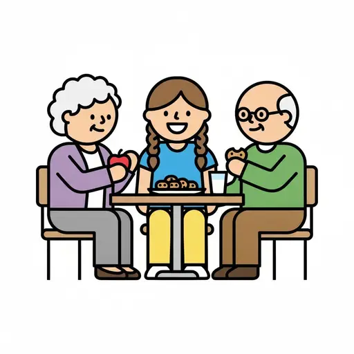 En pige sidder ved et bord mellem sin bedstemor og bedstefar med en tallerken småkager og et glas mælk; bedstemor holder et æble, og bedstefar spiser en småkage.