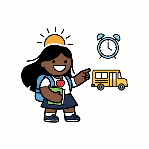 Ein Mädchen mit Rucksack und Büchern zeigt auf einen Schulbus, daneben sind eine Sonne und ein Wecker zu sehen.