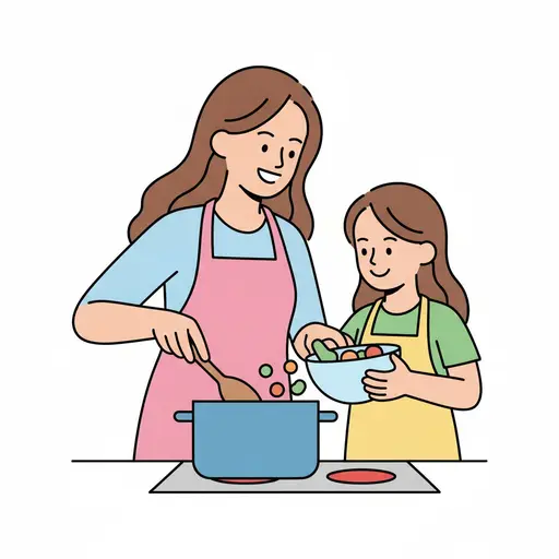 Een meisje houdt een kom groente vast terwijl mama in een pan op het fornuis roert.