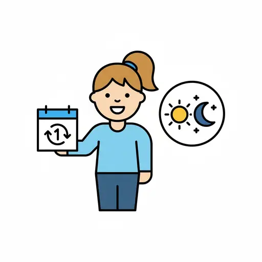 Een meisje houdt een kalender met een herhaalsymbool vast naast een pictogram met een zon en een maan.