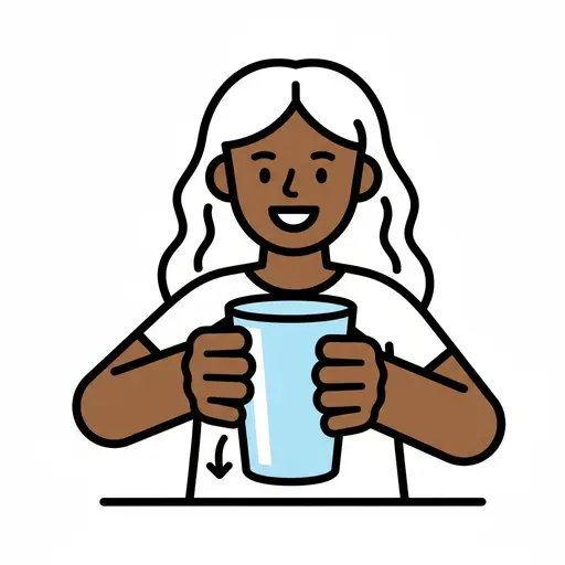 Een meisje houdt een groot glas met beide handen vast terwijl een pijl naar beneden wijst.