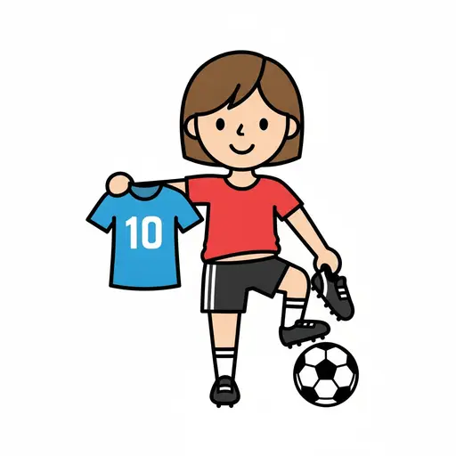 En flicka i fotbollskläder håller upp en tröja med nummer 10 och har fotbollsskor och boll.