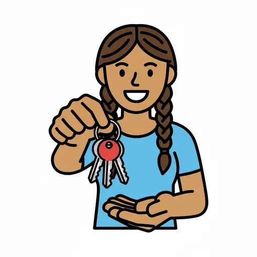 A girl with braided hair holds a set of keys and smiles.