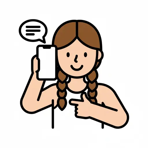 A girl with braids holds up a mobile phone and points at it while a speech bubble shows a message.