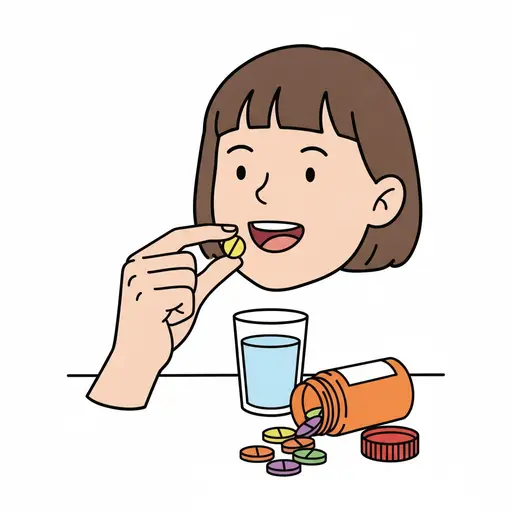 A girl lifts a yellow vitamin tablet toward her open mouth, with a glass of water and a tipped-over pill bottle on the table.