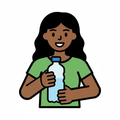 Een lachend meisje houdt een drinkfles met beide handen vast.