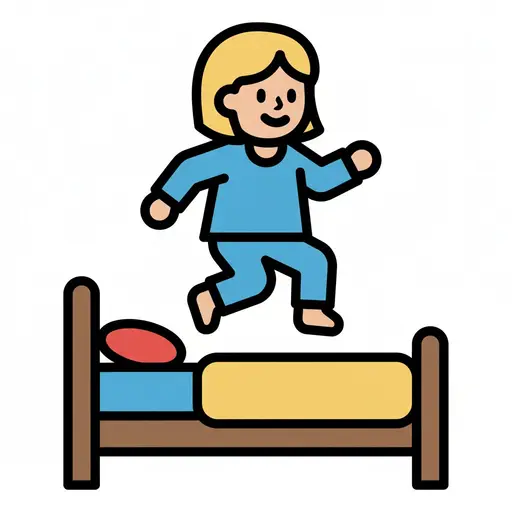 Een blij meisje in pyjama springt in een bed met een rood kussen en een gele deken.