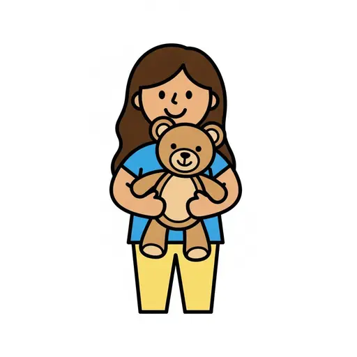 Een vrolijk meisje met lang bruin haar houdt een bruine teddybeer dicht tegen zich aan.
