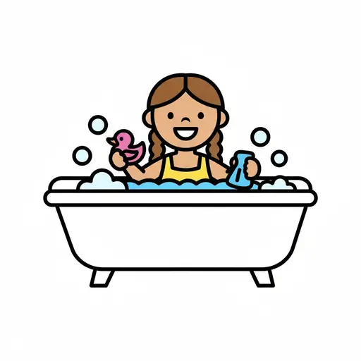 Een meisje zit in een schuimbad met een roze badeendje en een blauwe spons.