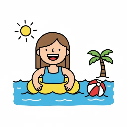 A happy girl sits in a yellow float ring in the water with a beach ball and a palm tree nearby.