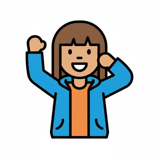 Ein fröhliches Mädchen trägt eine blaue Jacke über einem orangefarbenen Oberteil und streckt beide Arme nach oben.