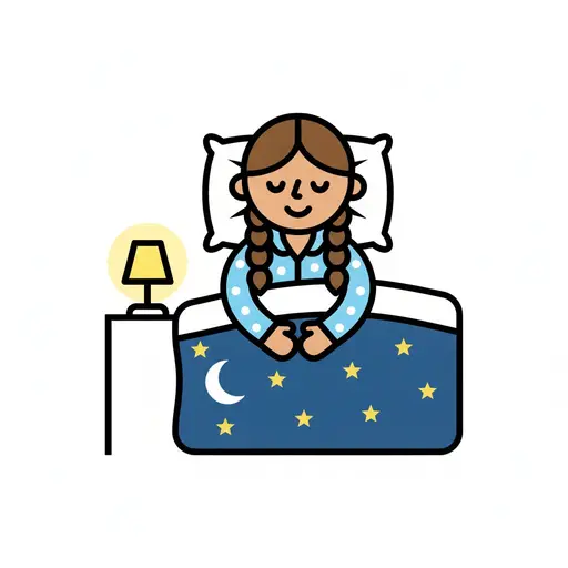 Een meisje in een gestippelde pyjama zit met gesloten ogen in bed terwijl het nachtlampje brandt.
