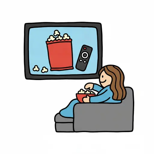 Sinisessä pyjamassa harmaalle sohvalle käpertynyt tyttö syö punaisesta popcornkulhosta ja katsoo seinällä olevaa televisiota.