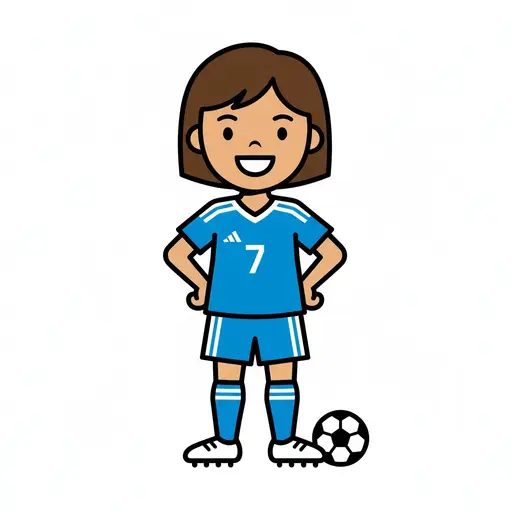 En pige står i en blå fodbolduniform med en fodbold.
