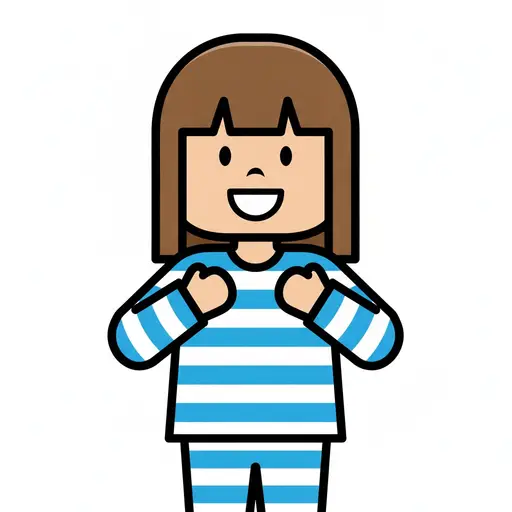 Een lachend meisje staat in een blauw gestreepte pyjama met haar handen vrolijk bij haar borst.