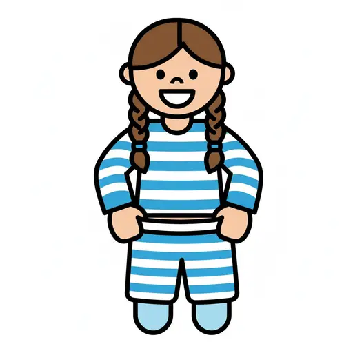 A girl with braids wears a blue and white striped pyjama set and holds the waistband of the shorts.