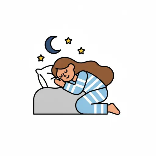 Een meisje in een blauw gestreepte pyjama ligt te slapen op een kussen, met een maan en sterren boven haar.