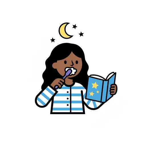 Onder een maansikkel en sterren poetst een meisje in een blauw gestreepte pyjama haar tanden terwijl ze een blauw boek vol sterren vasthoudt.
