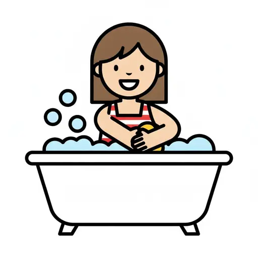 A laughing girl in a striped top sits in a bath with foam holding a yellow sponge, with bubbles floating beside her.