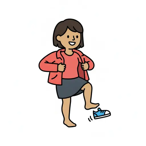 Een meisje in een jas staat op blote voeten met een paar schoenen in haar hand.