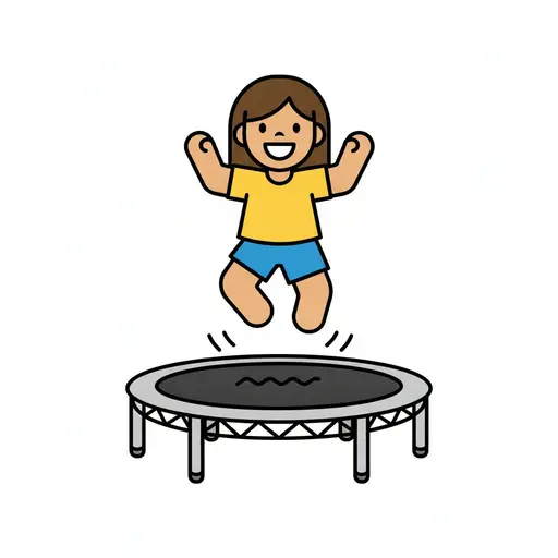 A happy girl jumps on a trampoline.
