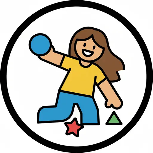 A smiling girl in a yellow shirt and blue trousers jumping while holding a blue ball, with a red star and green triangle inside a circle around her.
