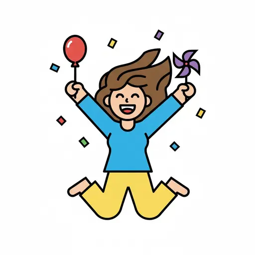 En flicka hoppar högt med en röd ballong i ena handen och en lila vindsnurra i den andra medan konfetti virvlar runt.