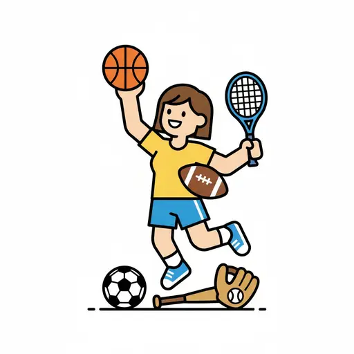 Ein Mädchen springt, um sie herum Basketball, Schläger und Football.