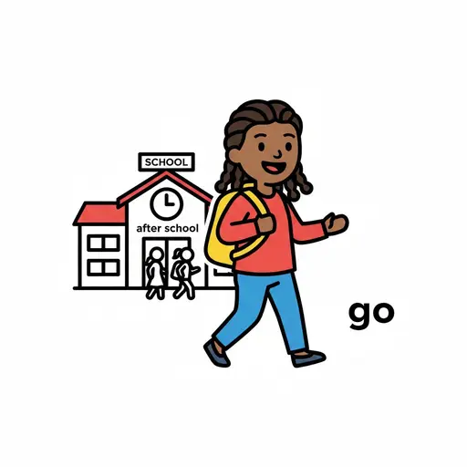 Een meisje met een rugzak loopt na school weg van een schoolgebouw.