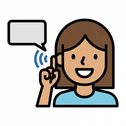 Eine Illustration einer Person, die zuhört, mit einer Hand am Ohr, Schallwellen und einer Sprechblase.
