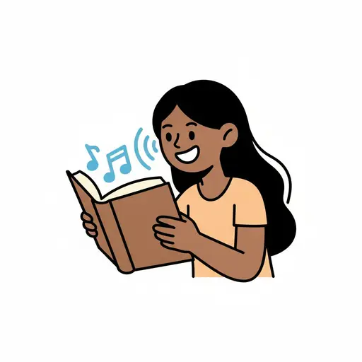 Een meisje houdt een opengeslagen boek vast en lacht terwijl er noten van de bladzijden opstijgen.