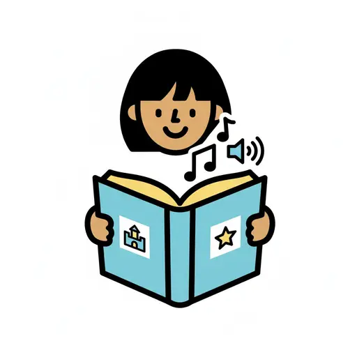An illustration of a girl holding an open book, with musical notes and a speaker icon indicating she is listening to a story.
